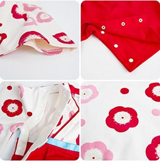 JUST style Hakama Romper flower Newborn coveralls Japanese clothing Boys Girls (with decoration) (90cm, Red1)