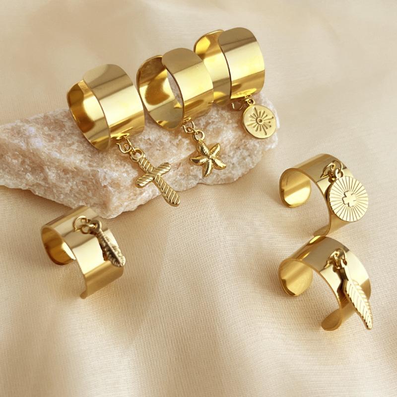 Stainless Steel Gold Color Starfish Rings For Women Men Sun Star Geometric Chunky Opening Rings Aesthetic Fashion Jewelry Gift