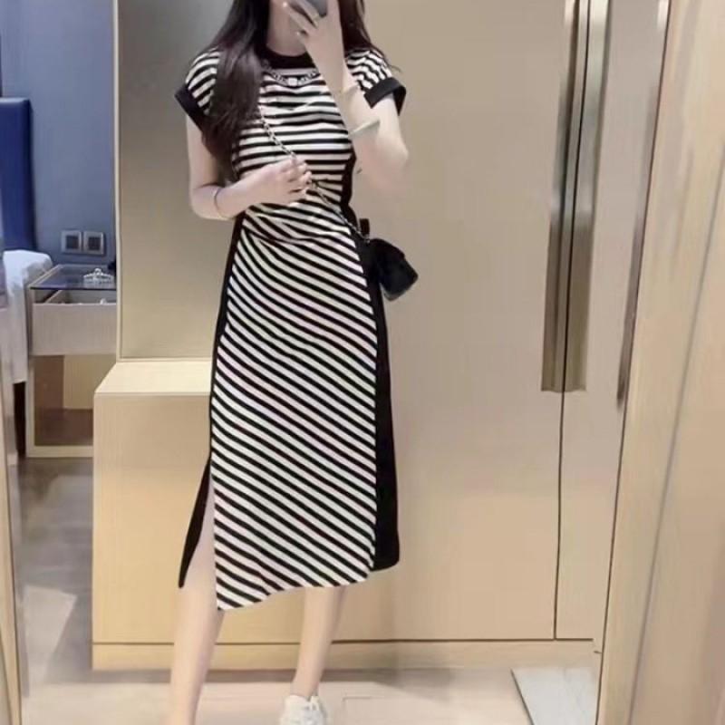 Striped Short Sleeve Wrap Waist A-Line Midi Dress Women Slim Fit Bodycon With Side Slit Korean Casual Style Small