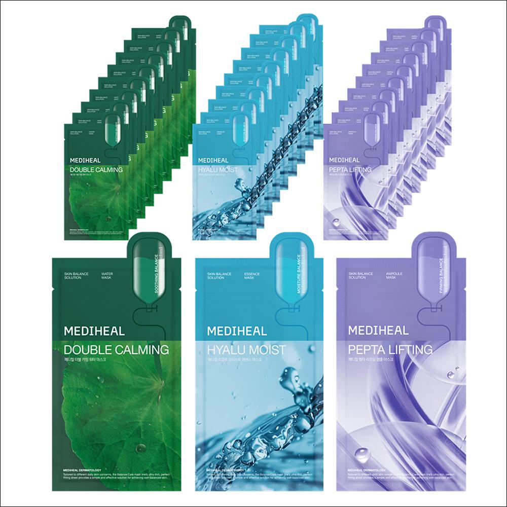 

MEDIHEAL Double Calming Water Mask+Hyalu Moist Essence Mask+Pepta Lifting Ampoule Mask, 30 sheets, 1 set 30 sheets, 1SET