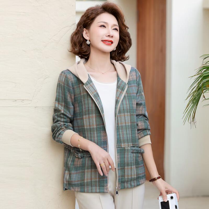 Hodo Middle-Aged Women's Hooded Plaid Autumn Jacket