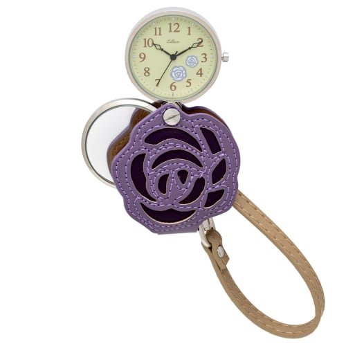 Fieldwork Women's Analog Pocket Watch with Strap and Magnifying Glass, Purple with Rose Pattern, LW062-3