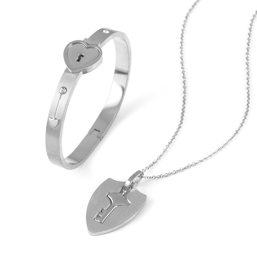 Couple Stainless Steel Bracelet Love Heart Lock Key Pendant Necklace For Women Men Valentine Gift Jewelry