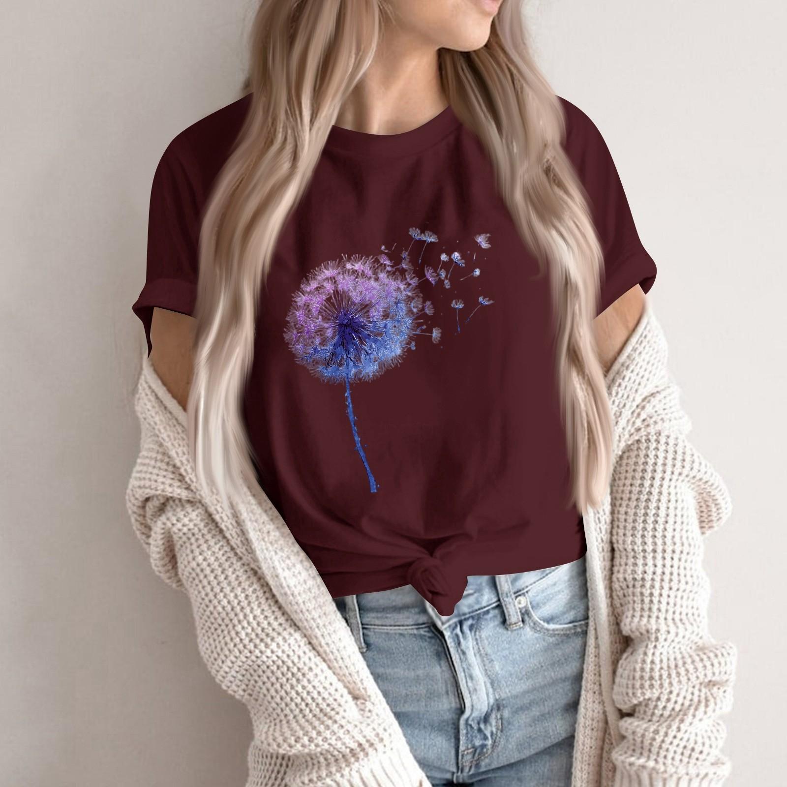 

Женская модная повседневная футболка-пуловер с принтом, круглым вырезом и короткими рукавами L винный