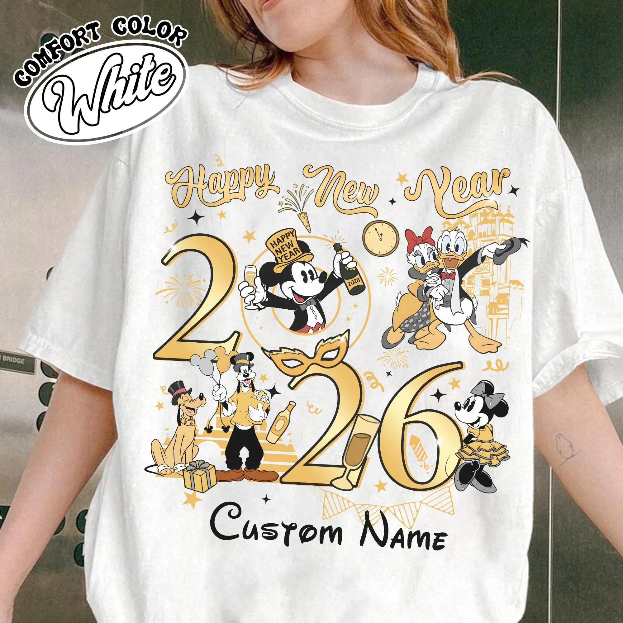 

Mickey and Friends 2026 Happy New Year Printed TShirt Couple Unisex WoUnisex Cotton TShirt Top Travel Birthday Gift Top S