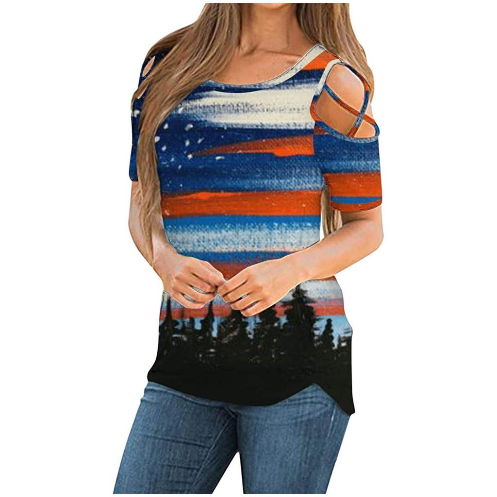 Womens Casual Off Shoulder Short Sleevein Dependence Day Printed T-Shirt