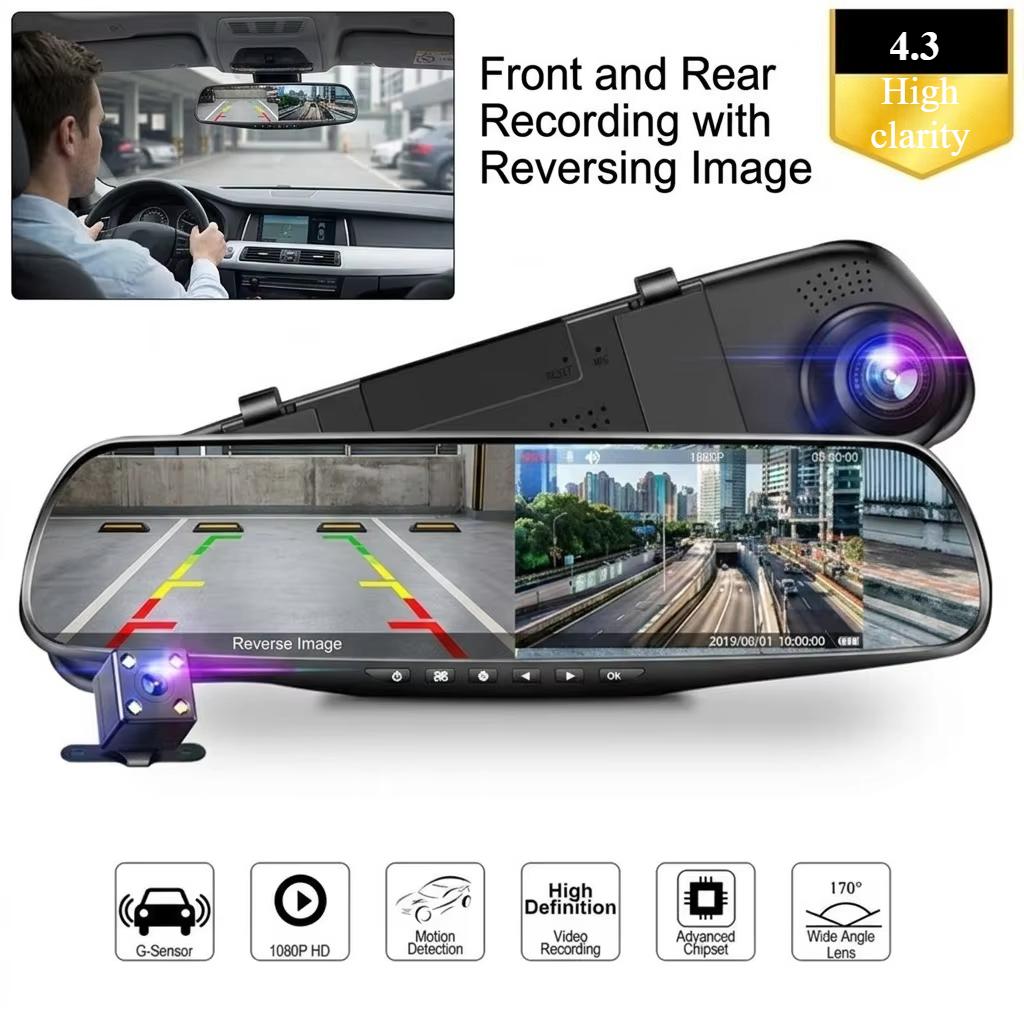 Cameră de bord tip oglindă 4,3 inch Opțiune lentilă unică sau dublă Înregistrare față-spate DVR Auto Viziune nocturnă Cameră de rezervă pentru marșarier