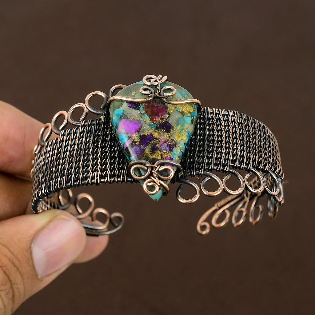 Natural Spiny Oyster Gemstone Handmade Copper Wire Wrap Bangle Adjustable A7b24