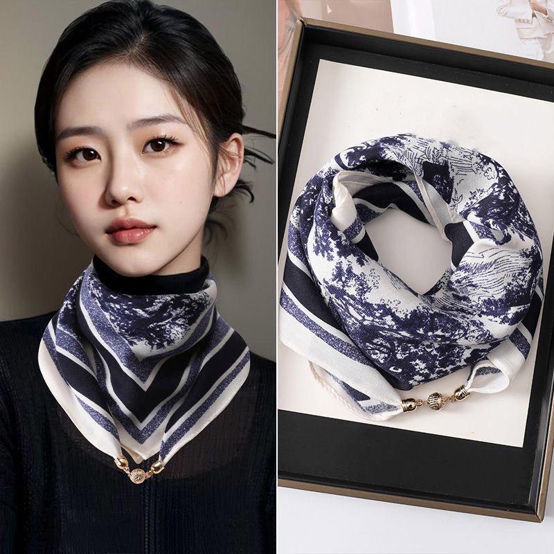Women's Autumn/Winter Versatile Silk Scarf - Fashionable, Warm Magnetic Buckle Korean Square Design
