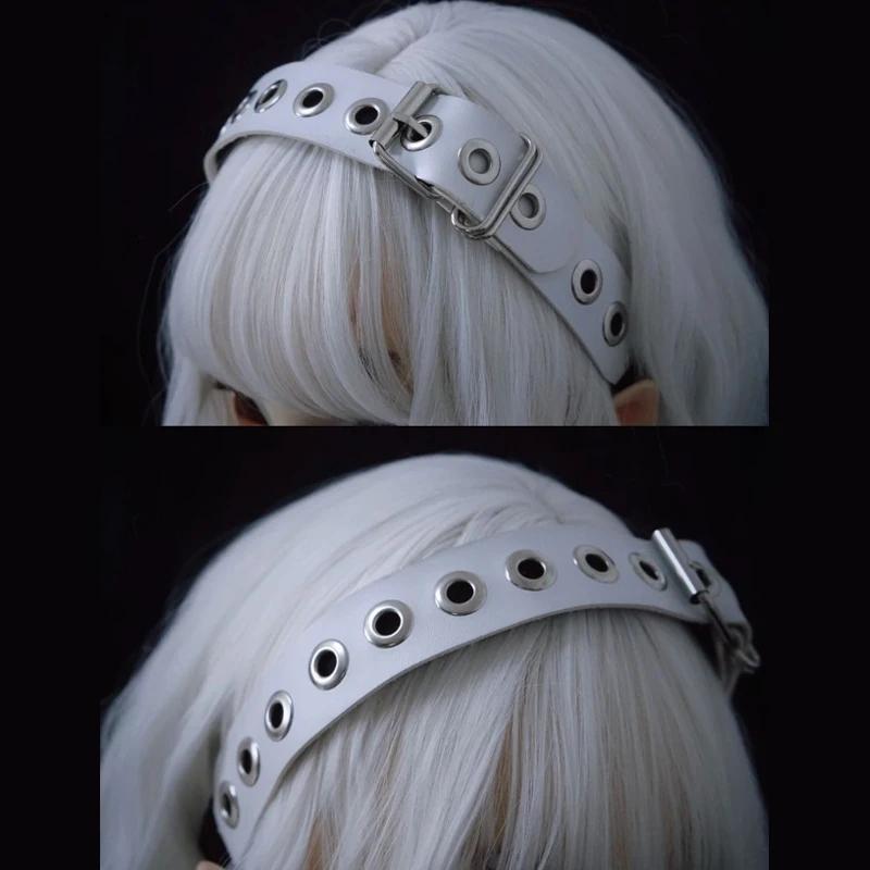 Gothic Punk Leather Buckle Hair Hoop Rivet Headband Harajuku Women Girl Dark Black Punk Hip Hop Rock Hairbands Hair Accessories