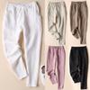 Women Solid Color Cotton Linen Elastic High Waist Trousers Casual Elegant Loose Party