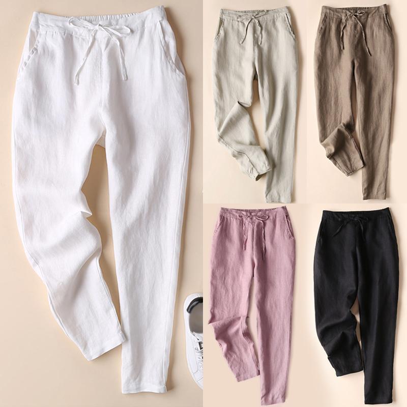 Women Solid Color Cotton Linen Elastic High Waist Trousers Casual Elegant Loose Party
