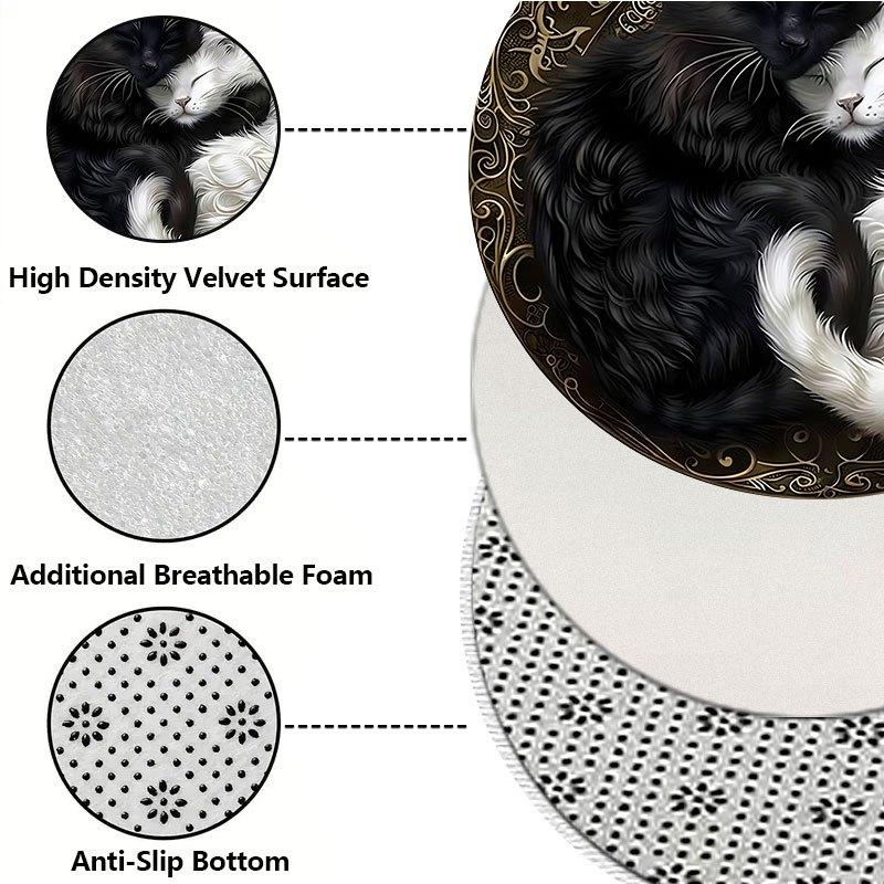 Black and White Cat Design Flannel-printed round floor mats are slip-resistant Suitable for room bedroom terrace garden carpets