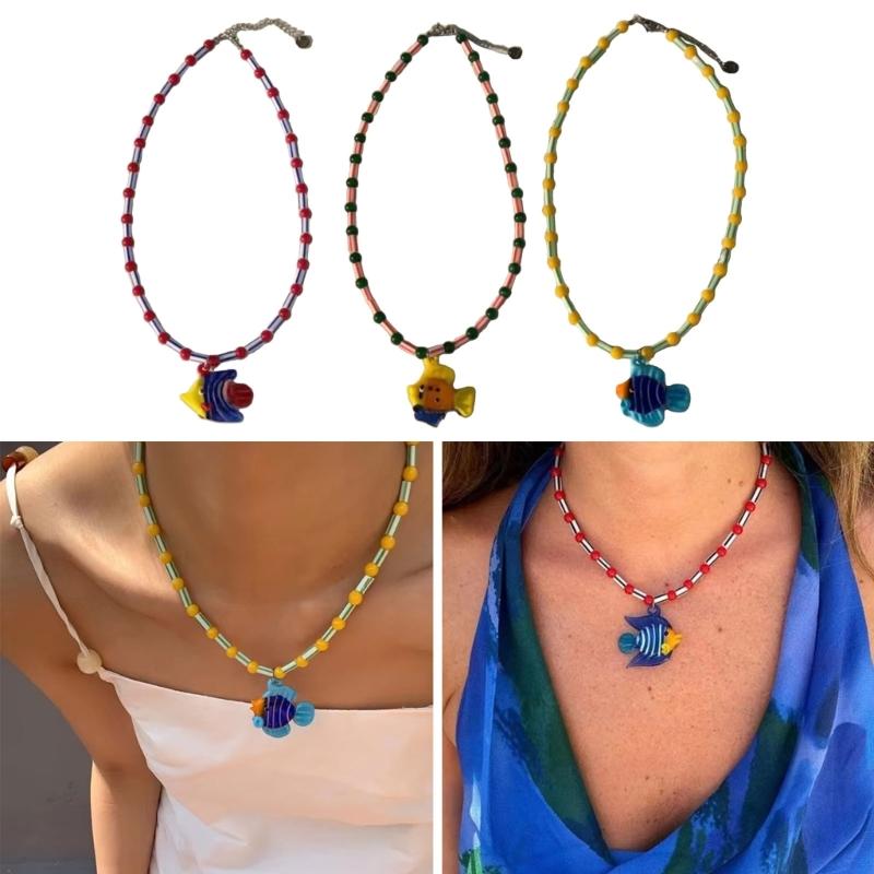 Ocean Beaded Necklace with Fish Pendant Adjustable Length Clavicle Chain for Women Fashionable Neckchain Accessory