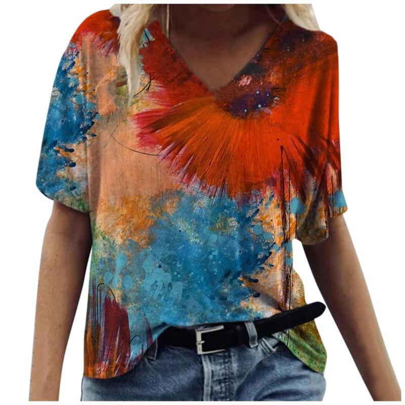 Sommer V-Ausschnitt 3D Schmetterling bedrucktes Top Modische lässige kurzärmelige Damen T-Shirts