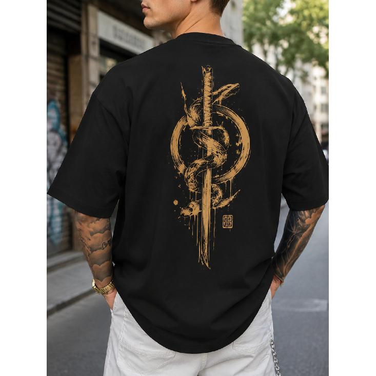 Men's Oversized Black Short Sleeve T-Shirt with Japanese Samurai Sword & Snake Graphic Print, Soft Cotton Crewneck for Streetwear Casual Daily Wear