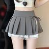 Spicy Girl Grey Lace Pleated Mini Skirt with Split Bow Detail