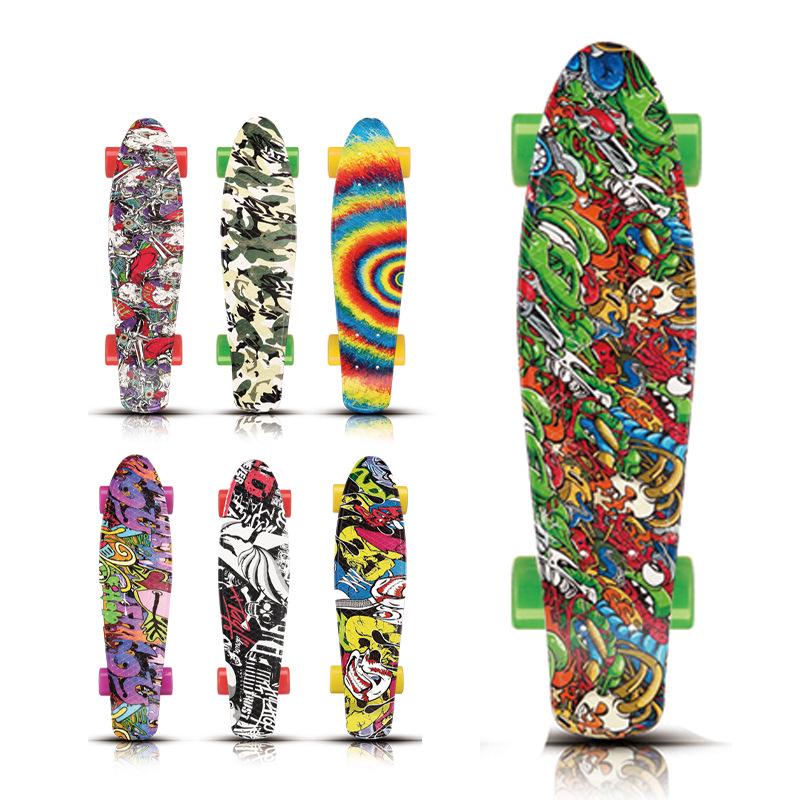 22" Beginner Adult Skateboard with Plastic Deck, Single Kick, and Water Transfer Design for Street Cruising.