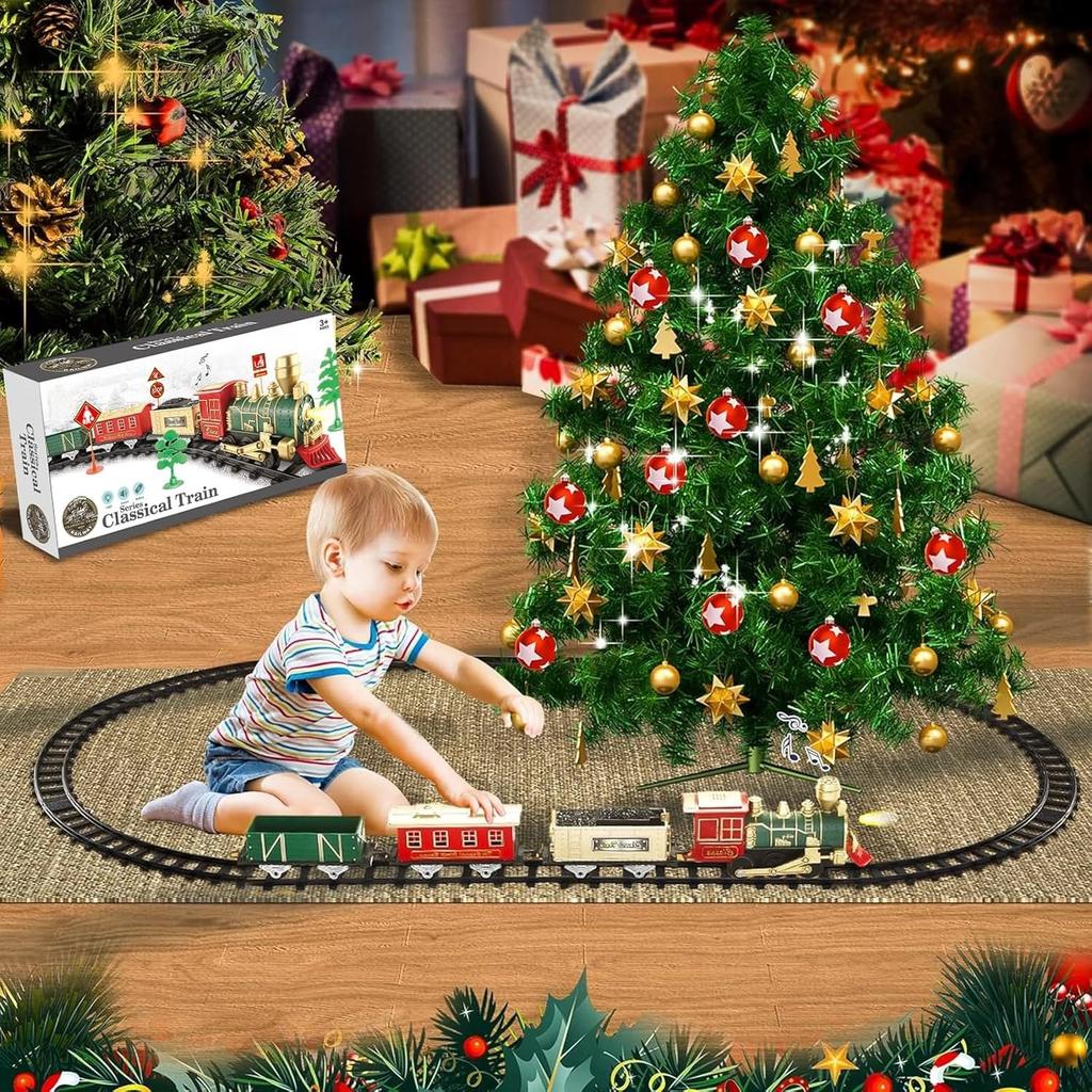 Electric Train Set for Kids Battery Operated Toy Train with Lights & Sounds Classic Train Set for Around Christmas Tree