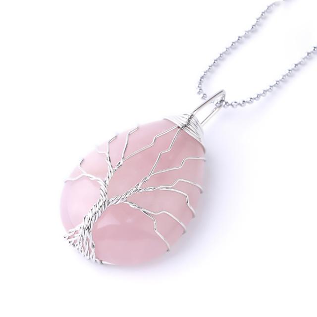 CSJA Tree of Life Crystals Necklace Pendant Water Drop Natural Stone Necklaces Wire Wrap Rose Amethysts Quartz Tiger Eye G953