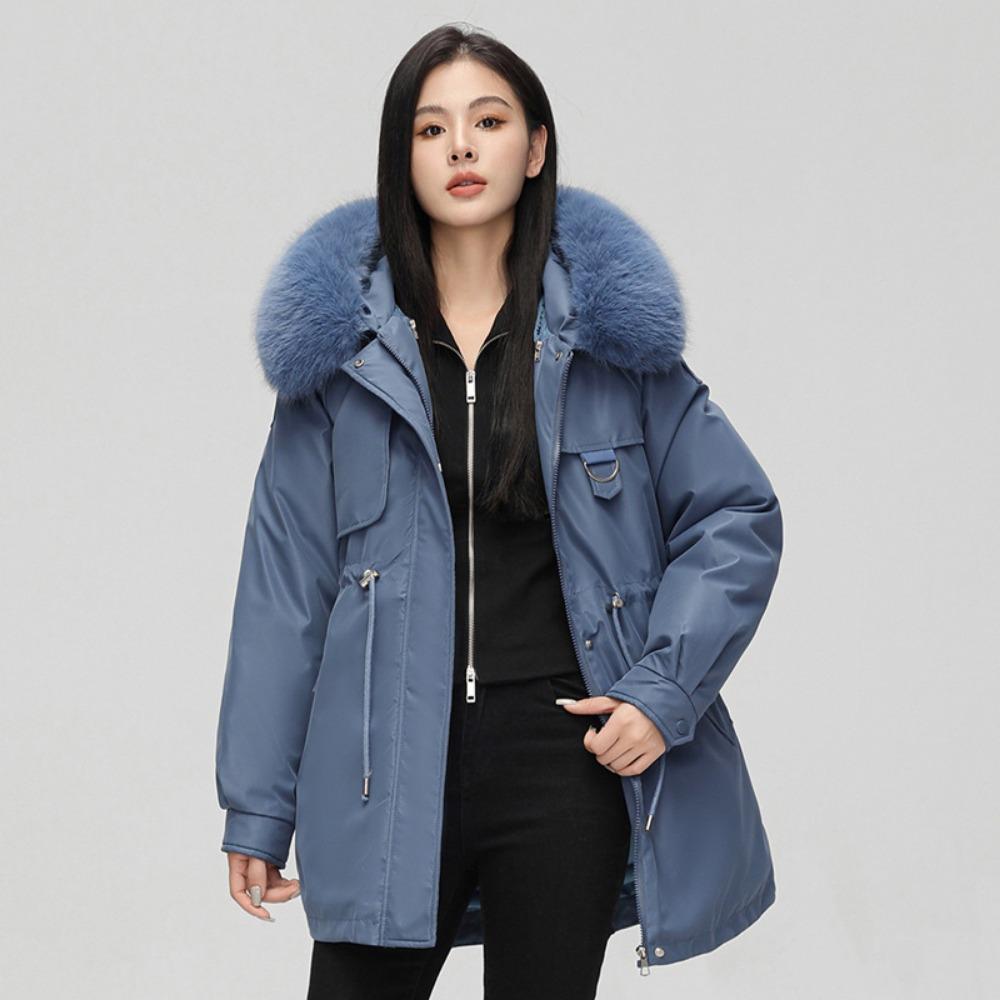 Padded pie overcomes women's winter new Korean version of waist and thin hooded big fur collar cotton clothes medium and long cotton clothes