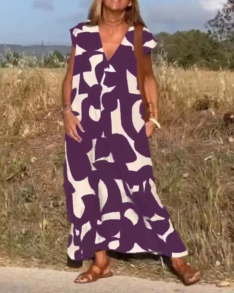 Eleganter Damenstil V-Ausschnitt Lockeres Kleid Sommermode Vielseitige Lange Kleider