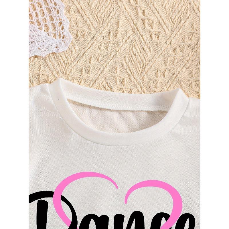 European Size Girls Round-neck Short-sleeved T-shirt with English Pattern Print for Dancing