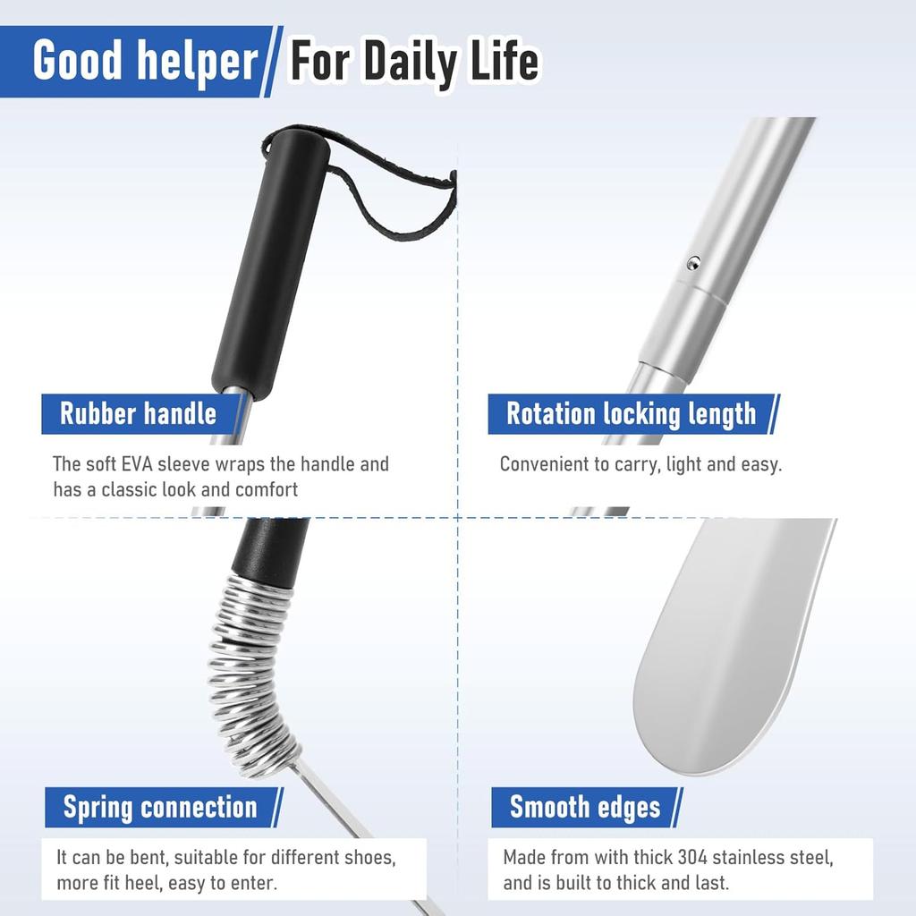 Extendable Shoe Horn Long Handle for Seniors, Twist To Lock, 16" To 31"Adjustable, Stainless Steel Telescopic Shoehorn for Men Women