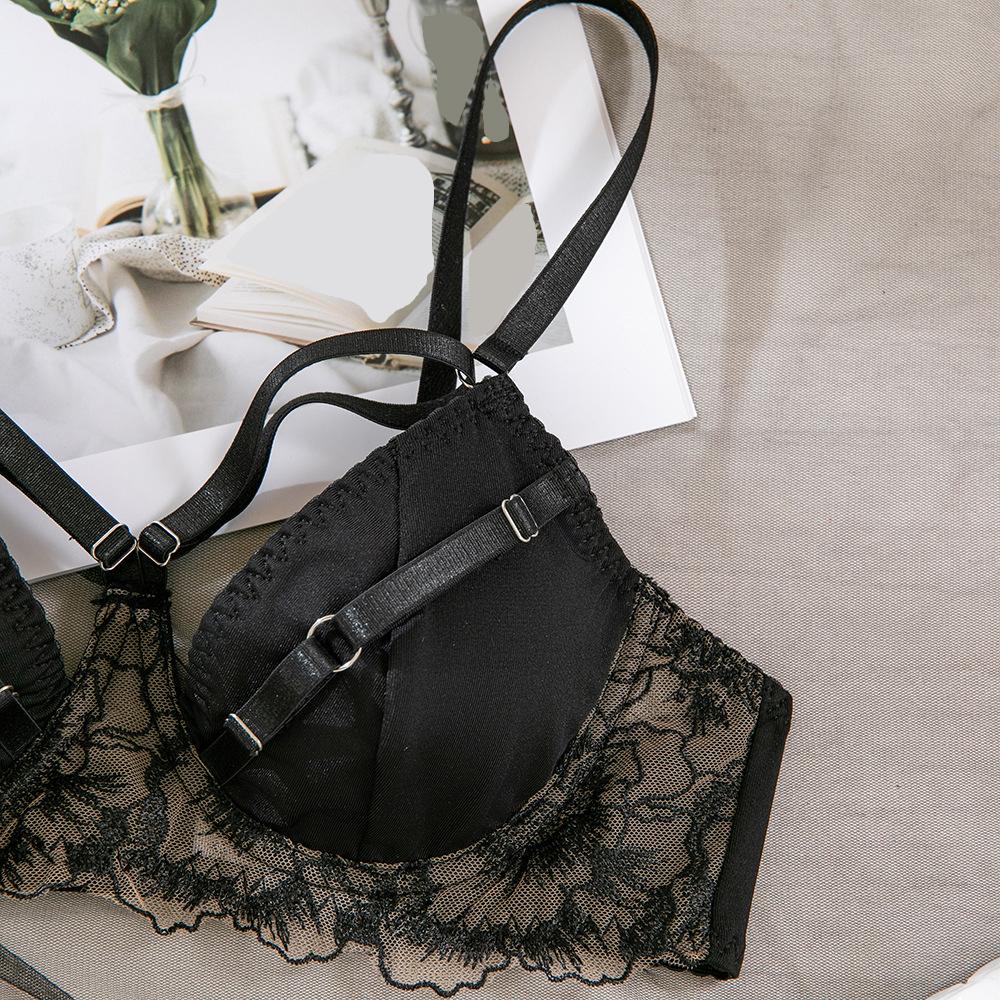 Sexy Women's Lace Lingerie Set Steel Wire Push-up Breathable Bra Set Black Underwear Adjustable Straps