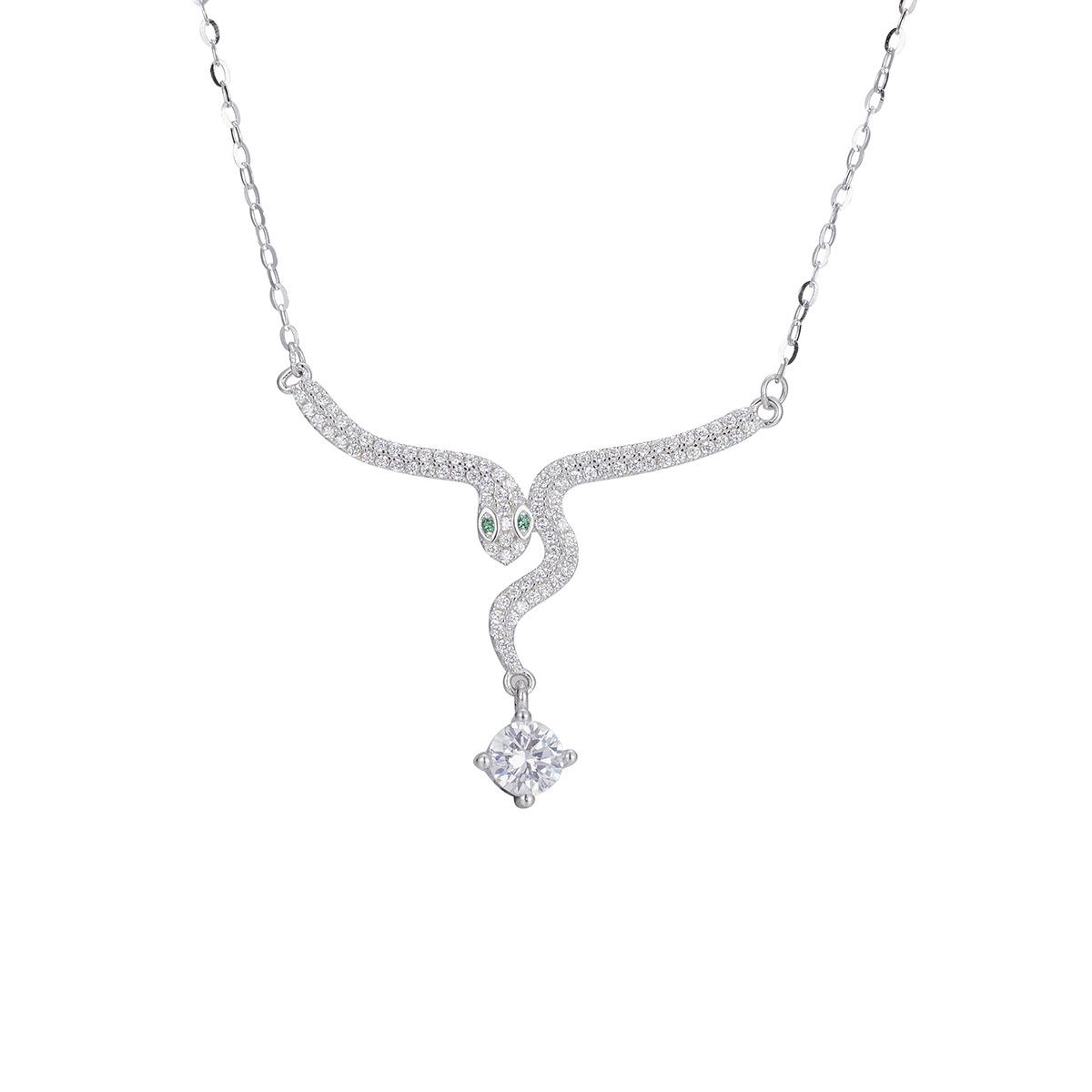 

Whole body S925 sterling silver zircon spirit snake pendant necklace natal year head and tail full diamond collarbone chain jewelry 925 Silver