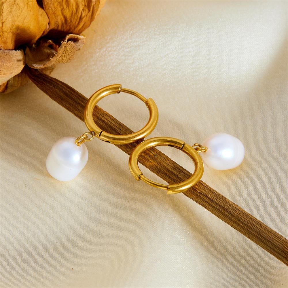 Light Luxury Simple Freshwater Pearl Earrings, Rings, Premium Earrings, Women's Stainless Steel Gold Earrings Ins