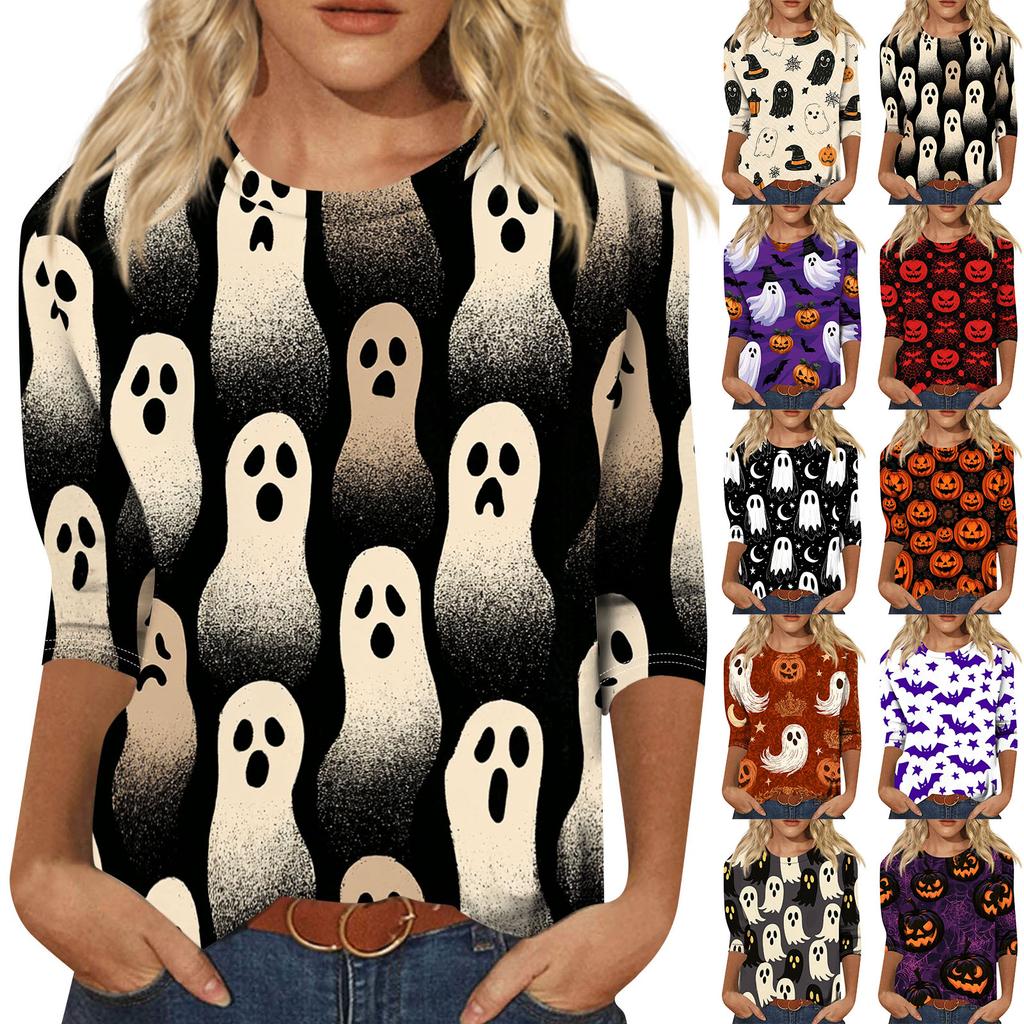 Women's Casual Three Quarter Sleeve Halloween Theme Printed Crew Neck Top Relaxed Fit Soft Material Holiday Blouse Shirt