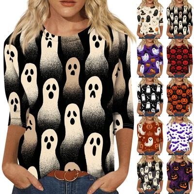 Women's Casual 3/4 Sleeve Halloween Print Pullover Top Round Neck Lightweight Blouse for Fall Seasonal Wear