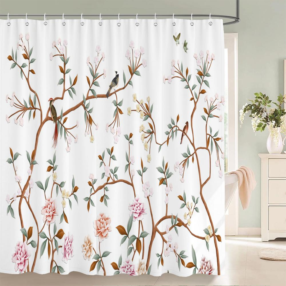 Chinese style Flowers Birds Shower Curtains Printed Bath Curtains Bathroom Waterproof Fabric With 12 Hooks Home Decor Screen