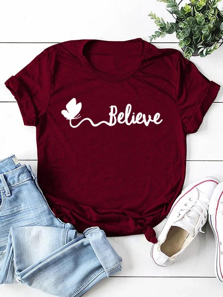 Butterfly Believe Letter Print Women T Shirt Short Sleeve O Neck Loose Women Tshirt Ladies Tee Shirt Tops Camisetas Mujer