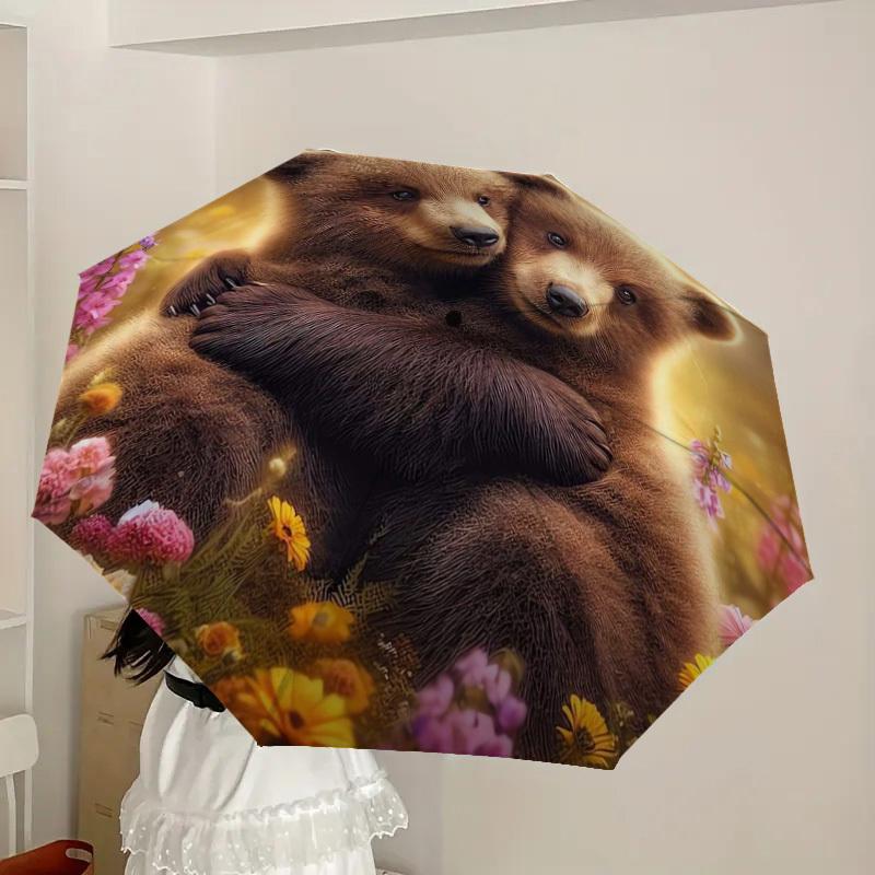 1pc Bear Cubs in Flowers Umbrella with Plastic Handle,Suitable for All Seasons Home Travel Outdoor UmbrellaDD285