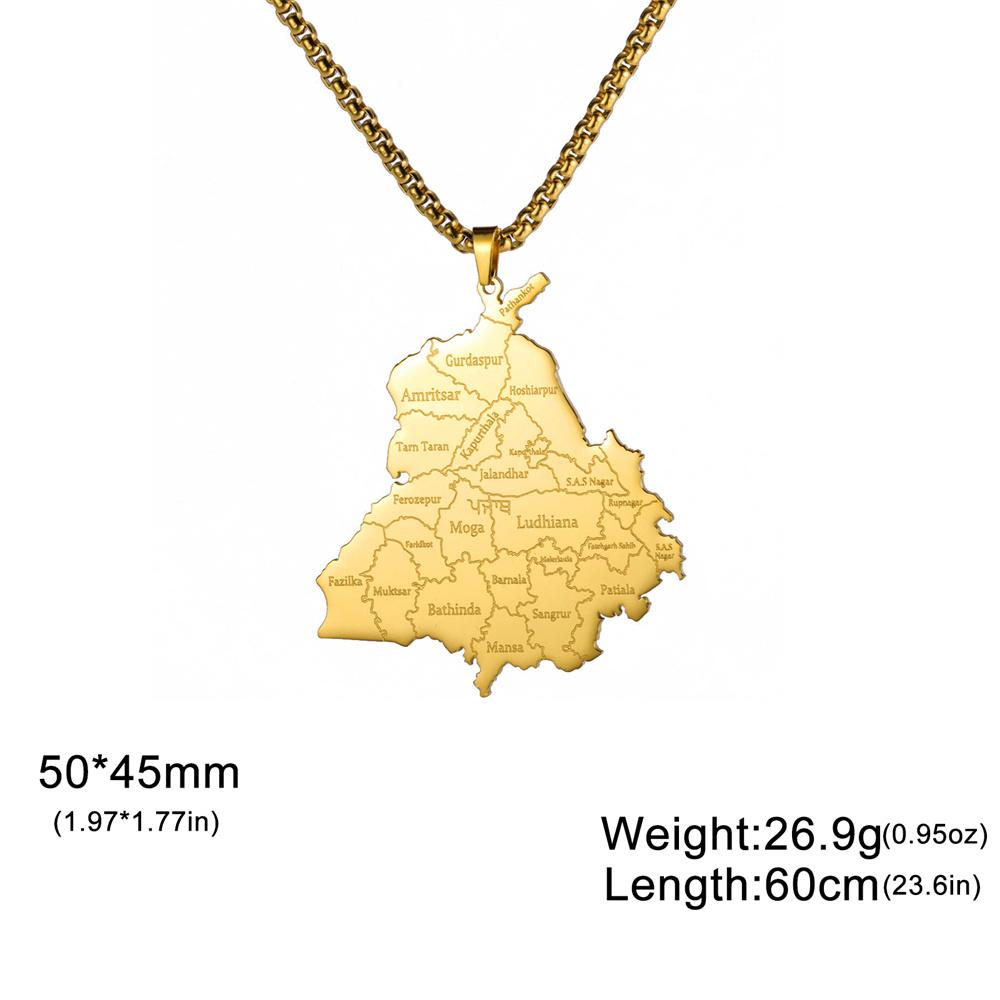  India Punjab State Map Pendant Necklace for Man Stainless Steel Box Chain Geography Country Necklaces Ethnic Jewelry