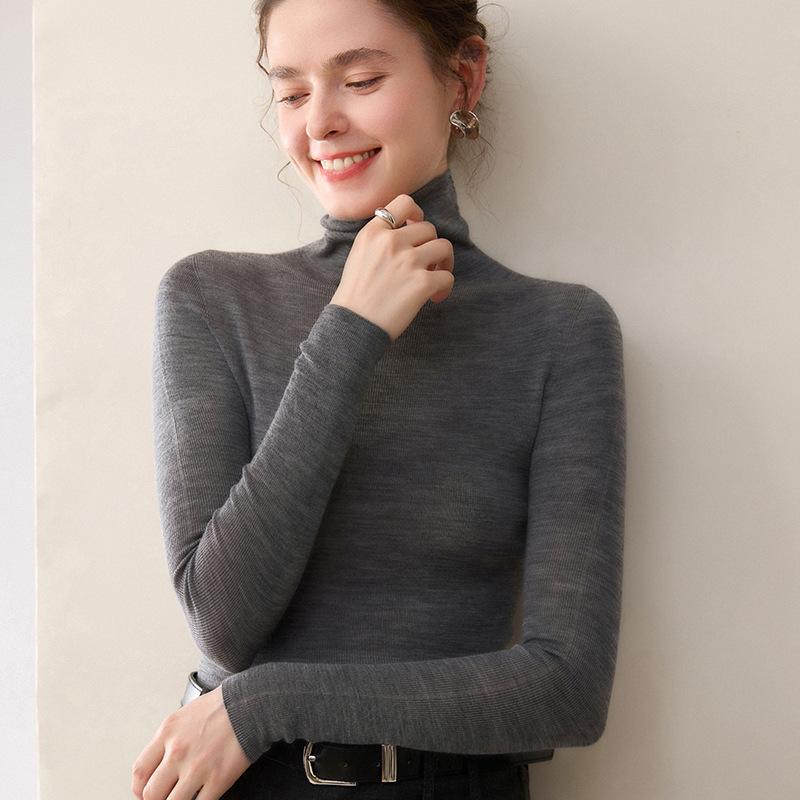 Damen Schlank Geschnitten Hoher Kragen Nahtlos Gestrickter Wollpullover - Langarm Basisschicht für Herbst und Winter
