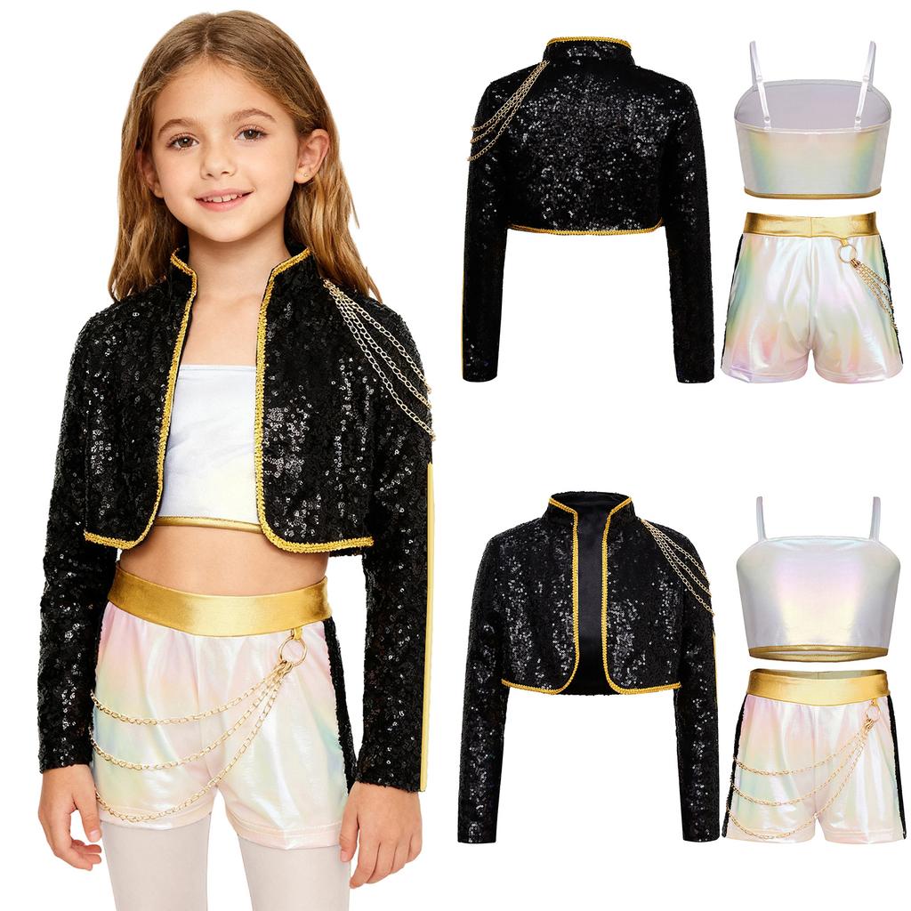 Kids Demon Singer Leader 3 Piece Dance Set Sequins Jacket Crop Top with Shorts Stage Performance Outfit