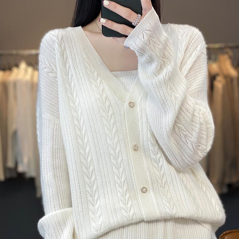 Damen Herbst Winter V-Ausschnitt Wollstrickjacke Pullover - Langarm, Stilvolles Hohlstrickmuster