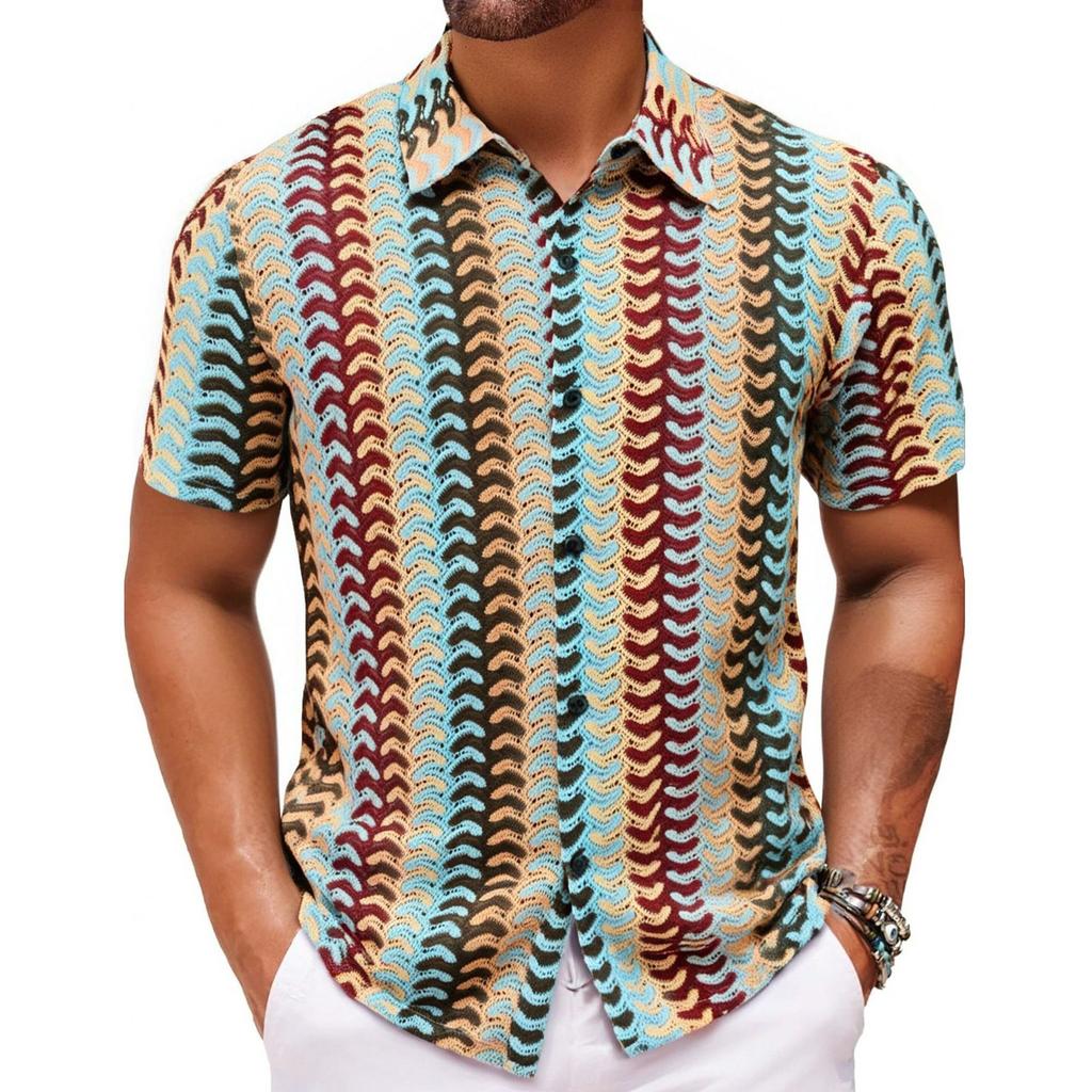Men's Summer Sexy Cool Colorful Hollow Breathable Shirt Summer Casual Knitted Short-sleeved Lapel Shirt