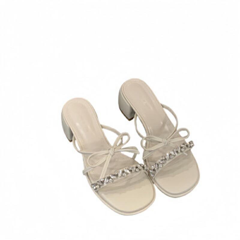 Sandals Women's Summer New Style Silver Rhinestone Bow Open-toed Niche Design Thick-heeled Slippers