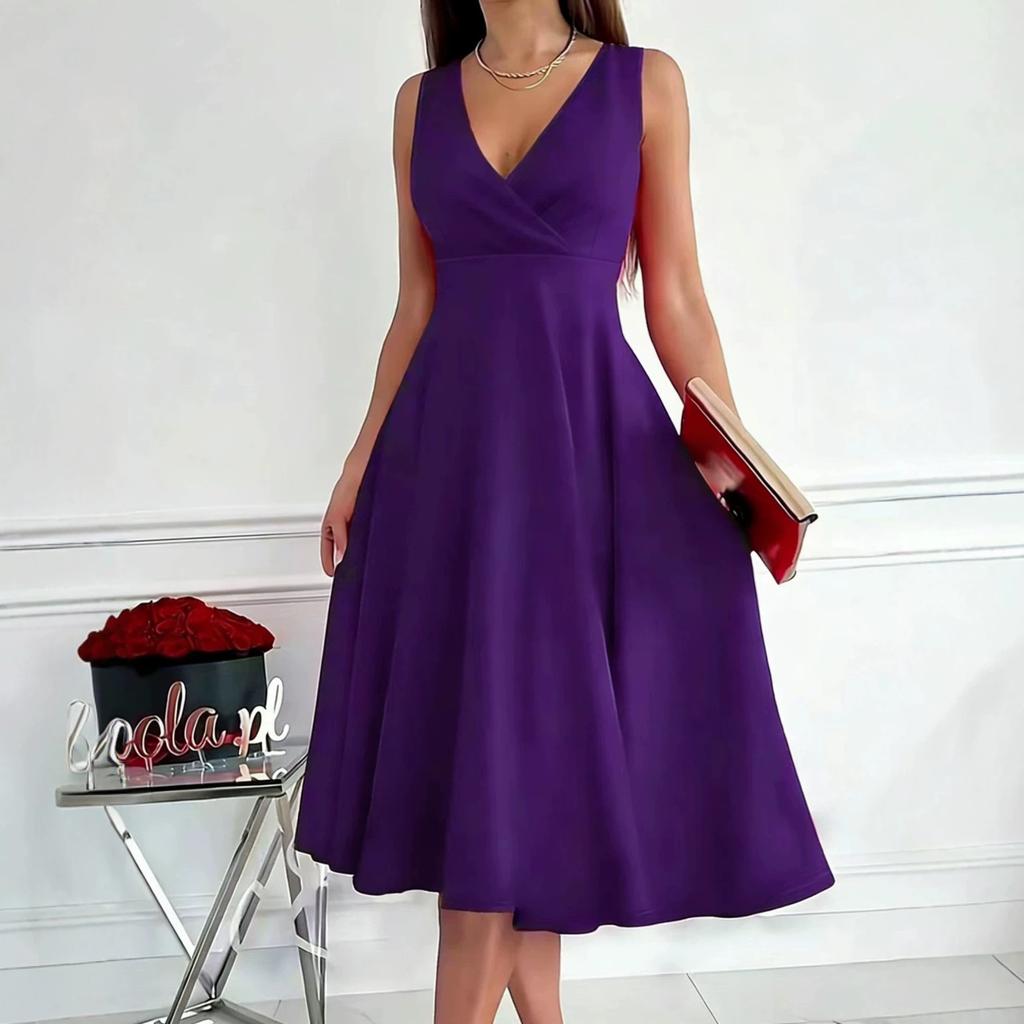 Women's Sleeveless V-Neck Wrap Front Cocktail Midi Dress