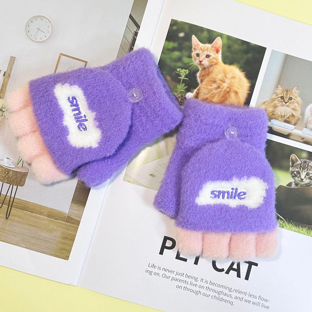 Children's Velvet Thickened Knitted Gloves: Warm, Finger-Accessible, Cartoon Design for Autumn/Winter