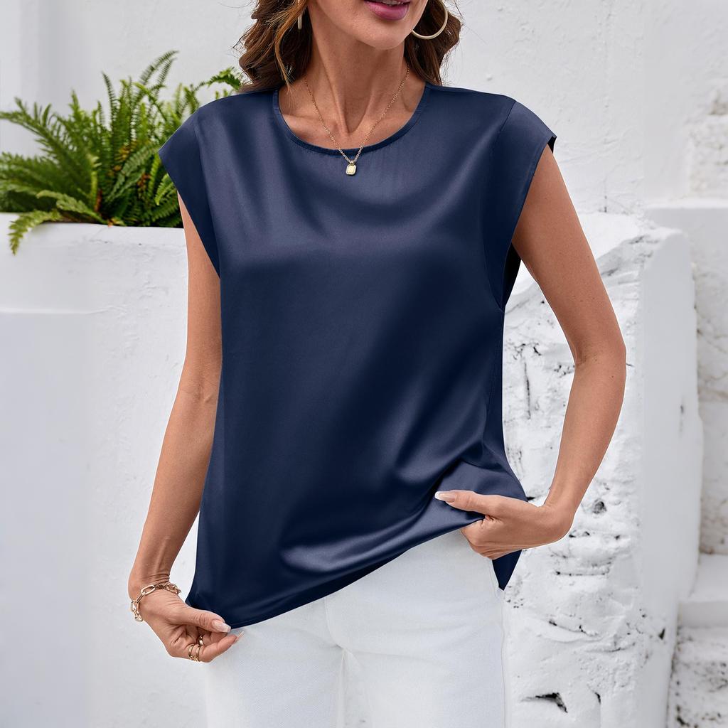 Women's Satin Blouse Summer Shirt Round Neck Tank Top Loose-Fitting Business Casual Top