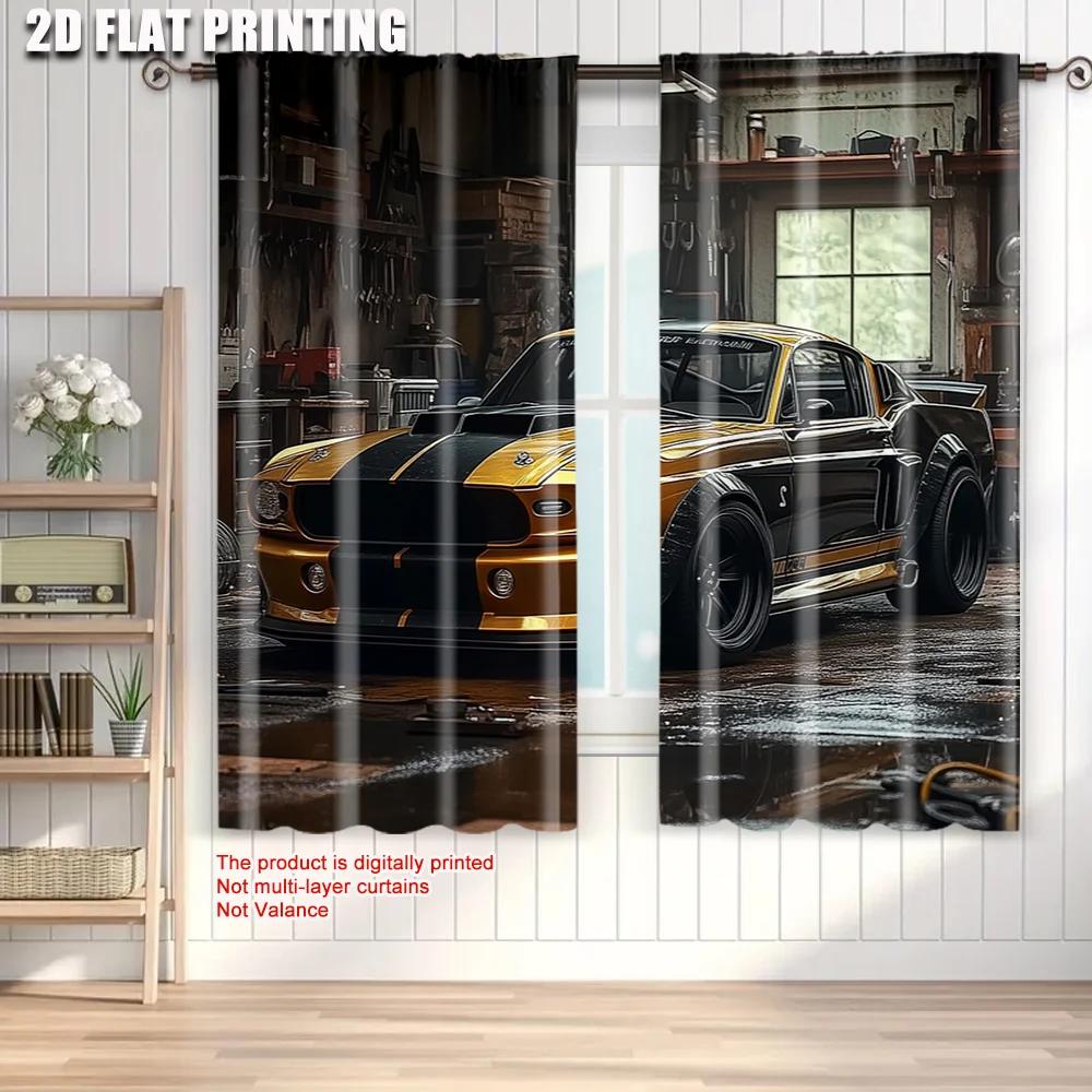 2pcs   Light Filtering Curtains  Print Complex Ancient Super Car Garage Machine Washable (without Rod) Decorations Outdoor