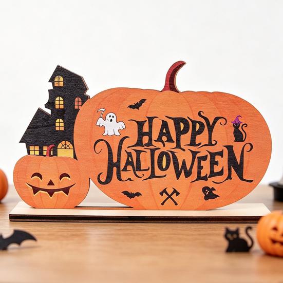 Halloween Home Festive Decor Wooden Table Sign, Cute Pumpkin Boo Ghost Solid Wood Sign Tabletop Centerpiece for Indoor Mantel Fireplace Smooth Holiday