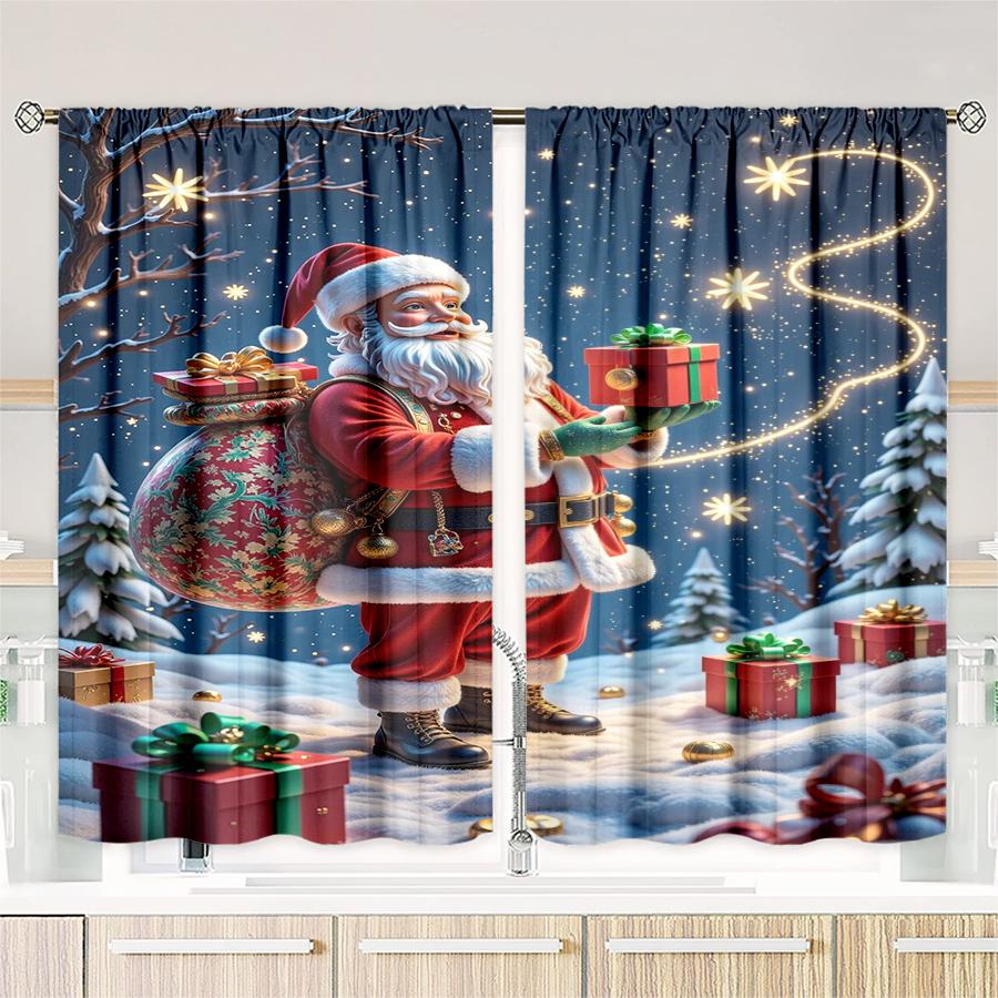 2PCS- Christmas Santa Claus Christmas Tree Pattern Printed Curtains   Christmas Decorations   Home Decorations   Room Decorations