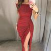 QICED Fashion Summer Spring Solid Color Print Short Sleeve Casual Dresses