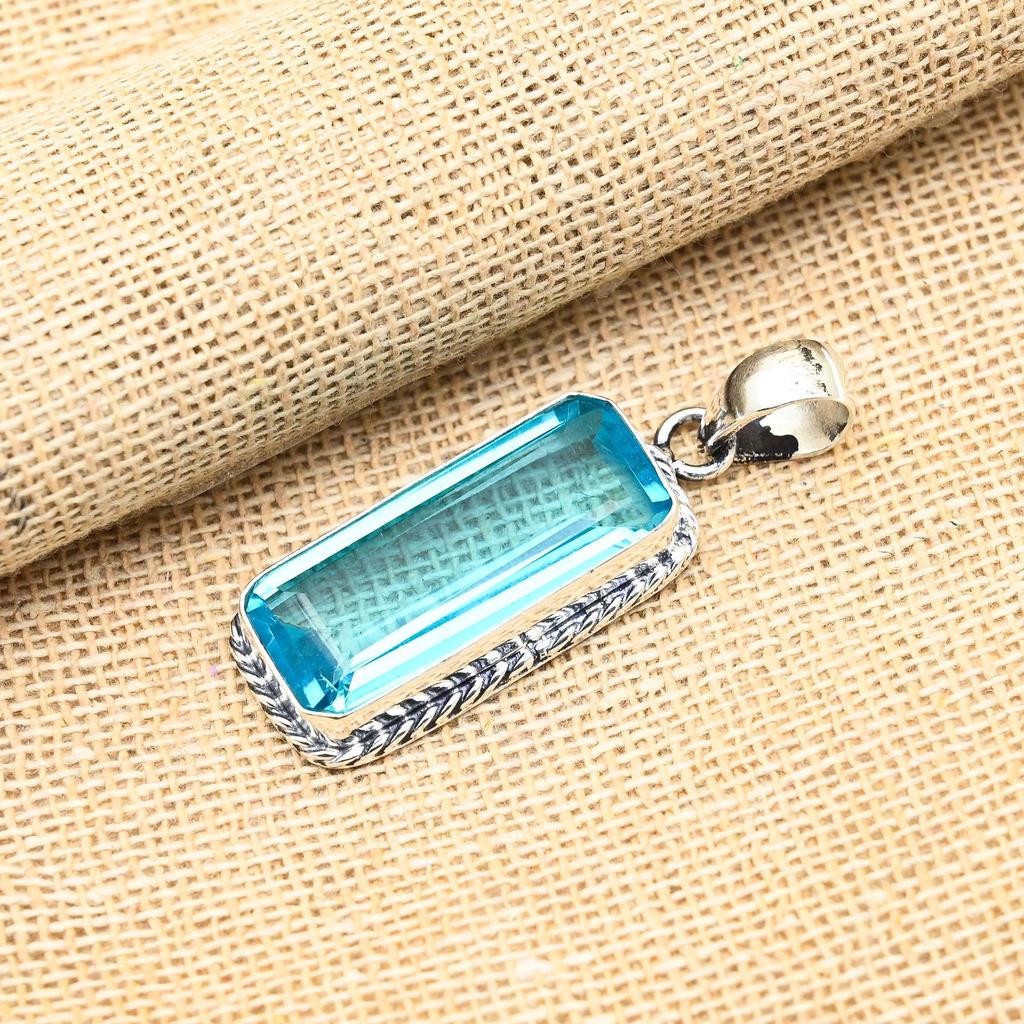 Blue Topaz Gemstone Handmade 925 Solid Sterling Silver Jewelry Pendant For women